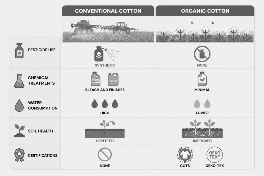 Comparison matrix showing conventional cotton vs organic cotton across pesticide use (synthetic vs none), chemical treatments (bleach and finishes vs minimal), water consumption (high vs lower), soil health (depleted vs improved), and certifications (none vs GOTS/OEKO-TEX)
