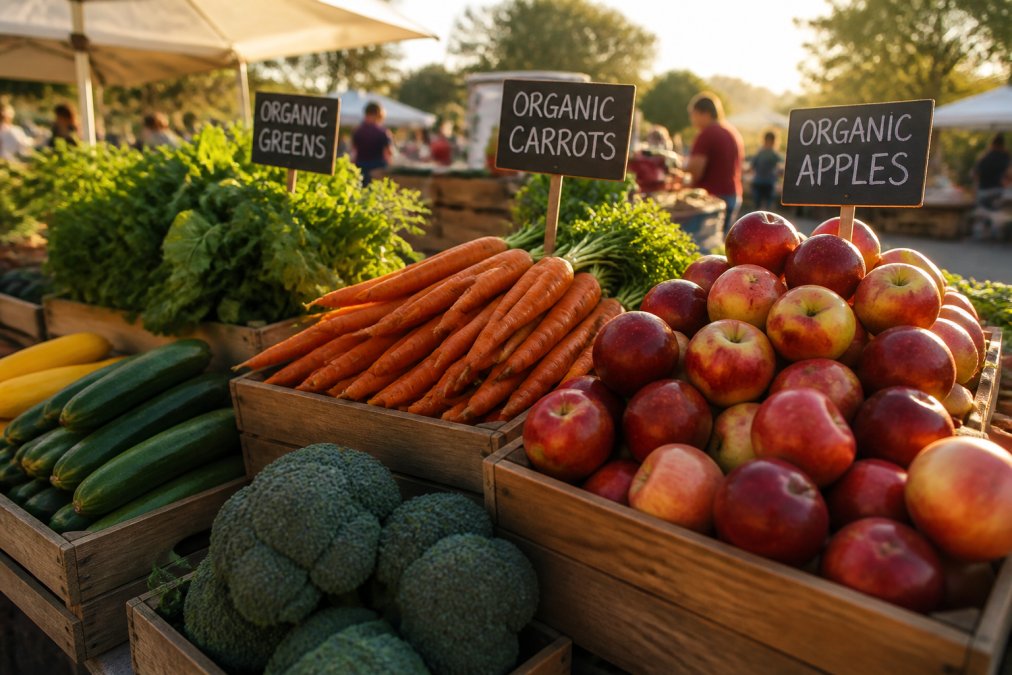 A colorful spread of fresh fruits and vegetables at an outdoor farmers market, with handwritten organic price signs visible on wooden crates in warm morning sunlight