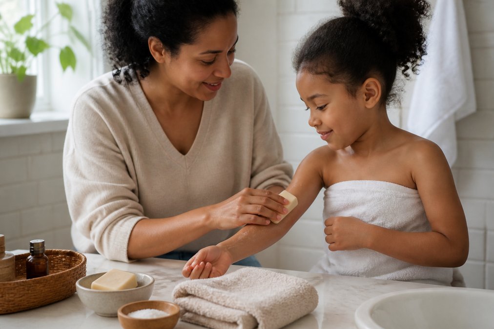 Mother gently applying a fragrance-free soap bar to her child's arm in a bright bathroom setting