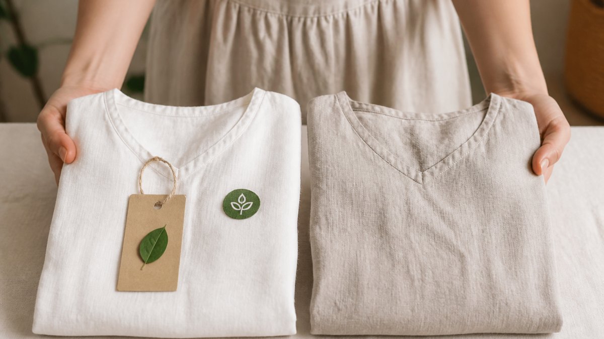 A woman's hands holding two folded linen garments side by side, one with a visible certification tag, on a clean neutral surface with soft natural light