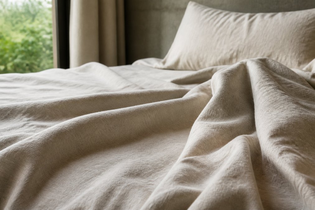 Close-up of high-quality organic linen sheets on a bed, showing fine weave texture and soft drape in natural daylight, highlighting the fabric's durability and luxurious feel