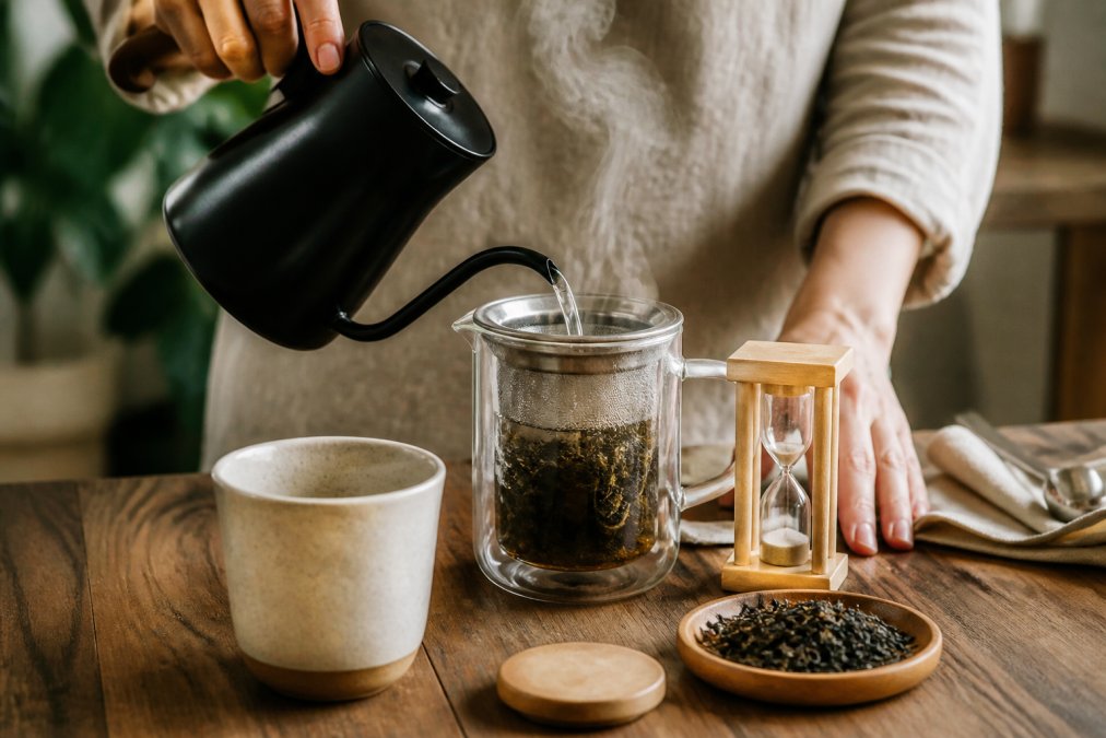 Close-up of hands pouring hot water into a glass infuser filled with loose leaf tea, steam rising, with a ceramic cup and timer visible on a wooden surface