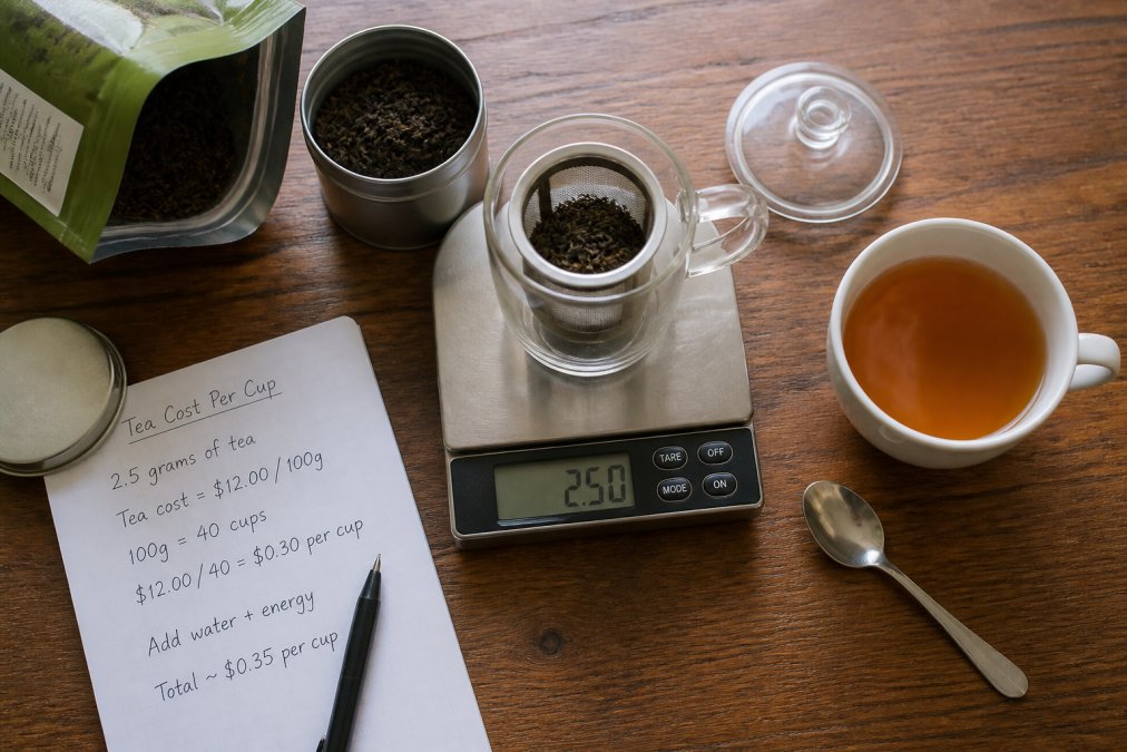 Overhead view of loose leaf tea being measured into a glass infuser with a small kitchen scale, a handwritten cost calculation on paper nearby, and a steaming cup of brewed tea on a wooden table