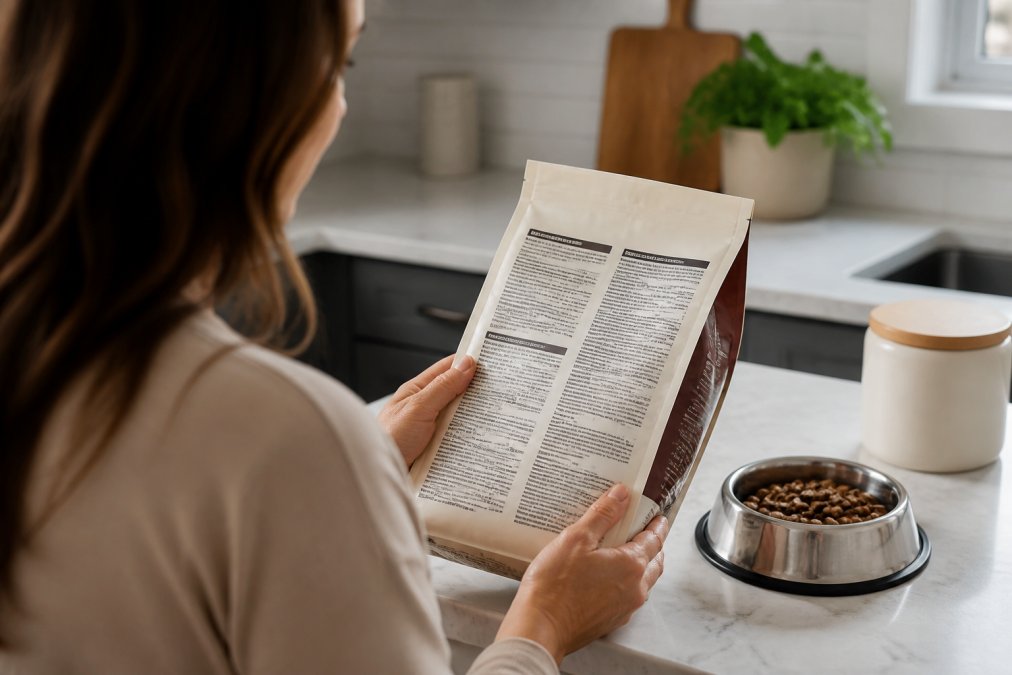 A close-up of a person's hands holding a pet food bag and reading the ingredient list on the back label in a bright kitchen setting