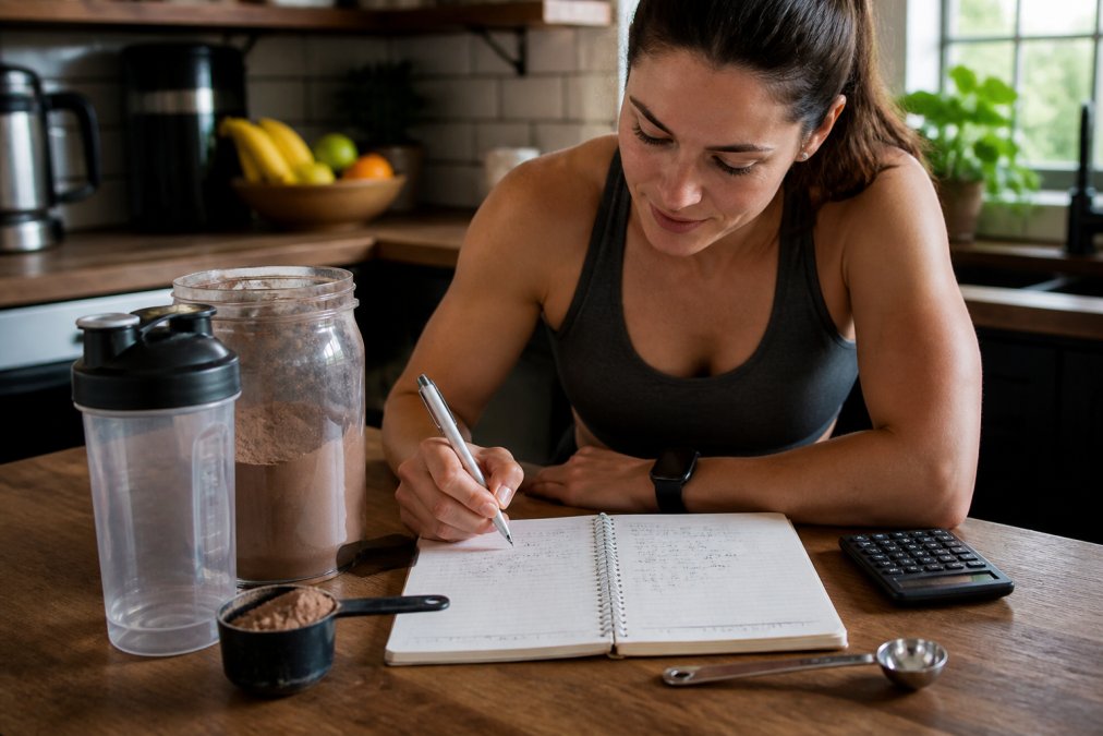 A close-up of a kitchen counter with a scoop of chocolate plant protein powder, a measuring spoon, and a glass shaker bottle, with a notebook showing handwritten cost calculations beside them