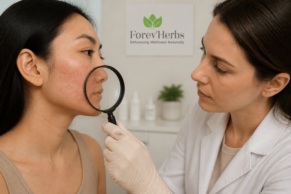 Close-up of sensitive skin texture with redness, dermatologist examining with magnifying glass, clinical setting