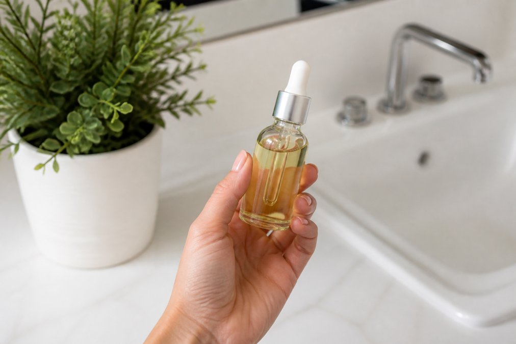 Close-up of a person's hand holding a glass dropper bottle of facial oil over a white bathroom counter, with a small green plant nearby