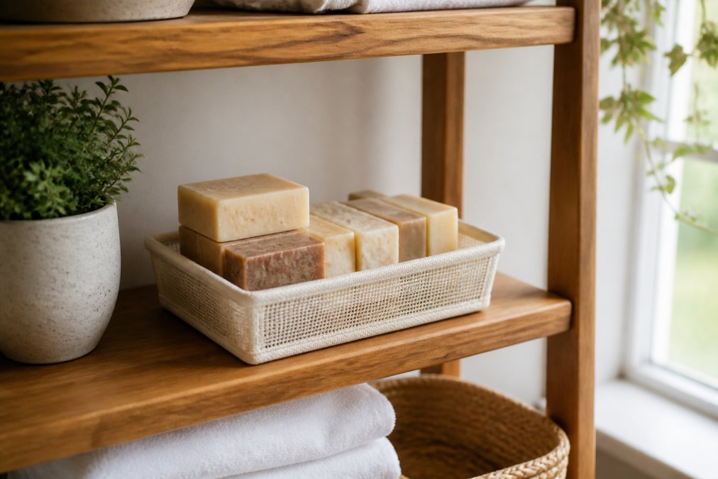 Organized bathroom shelf displaying stacked soap bars in a breathable storage container, natural light from window, showing proper preservation setup with air circulation