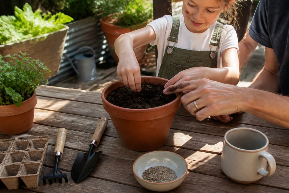 Children's hands planting seeds into dark, crumbly organic soil in a terracotta pot on a sunny patio, with an adult's hands guiding nearby