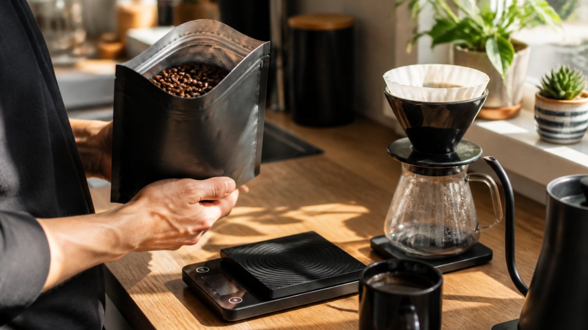 Close-up of hands holding a bag of whole bean coffee next to a digital scale and a pour-over brewer on a kitchen counter, with morning light coming through a window