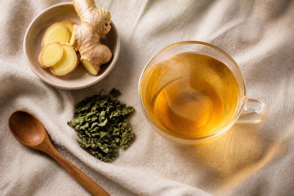 Overhead shot of a steaming glass cup of golden herbal tea beside a small dish of fresh ginger slices, loose peppermint leaves, and a wooden spoon on a light linen surface