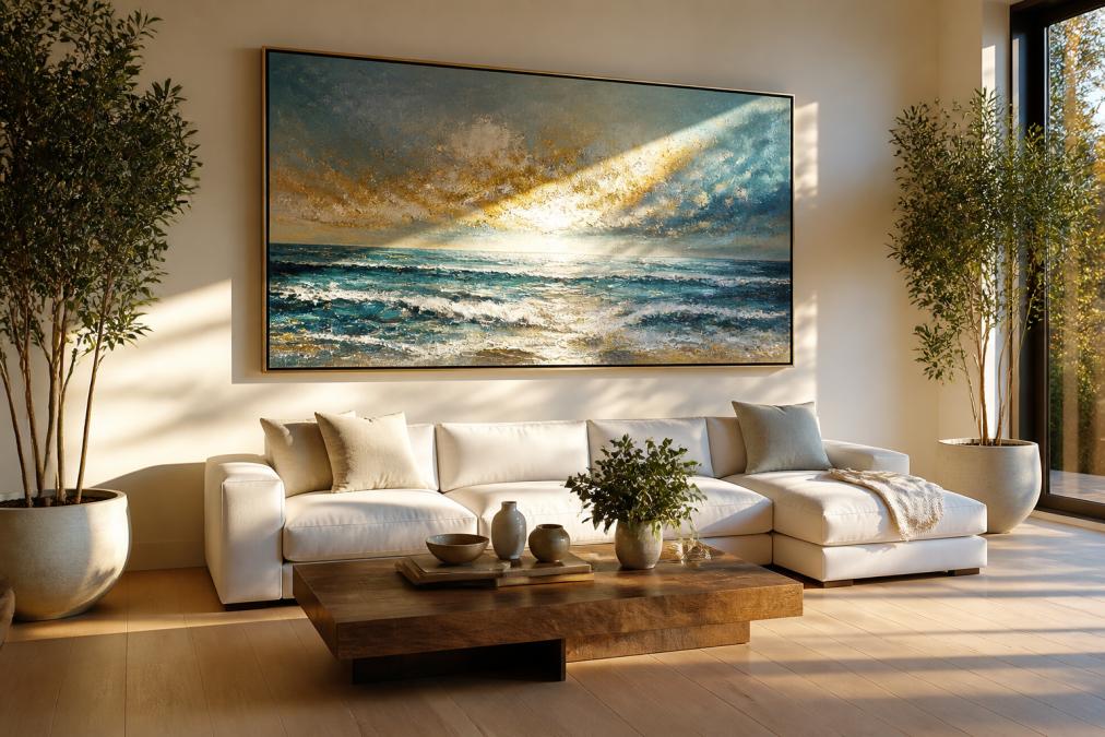 A well-lit living room with a large luminous abstract seascape painting hanging above a low sofa, late afternoon sun catching the textured surface and casting soft reflections across a pale oak floor
