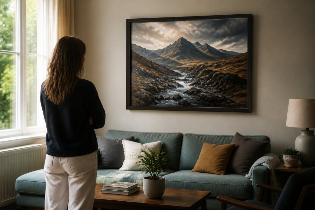 A framed original Highland landscape painting hanging on a warm living room wall above a sofa, natural daylight from a nearby window, a person standing back and admiring it