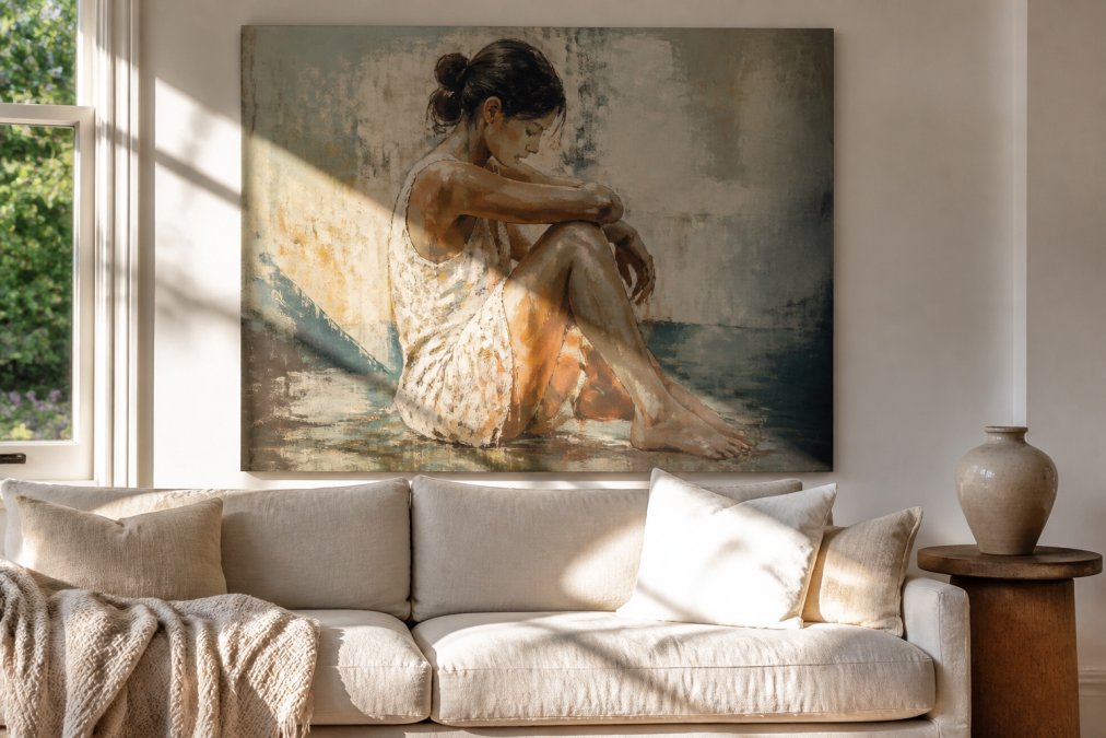 Diagram showing the ideal height and lighting placement for hanging a large figurative art oil painting.