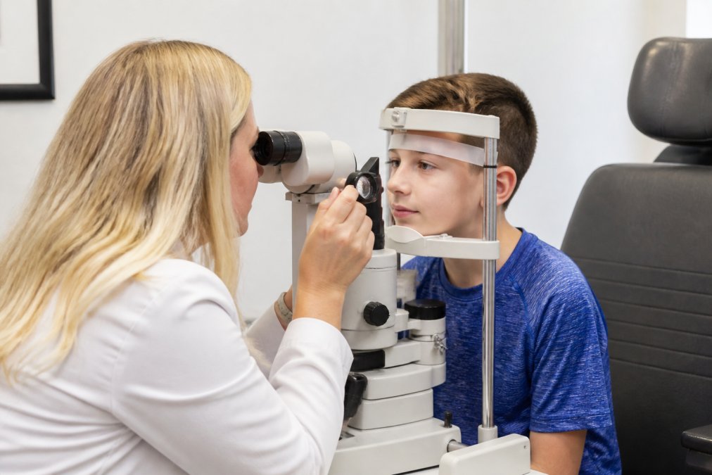 Young child being fitted for ortho-k contact lenses by an eye care professional in a bright, modern optometry office, with the child looking comfortable and calm while examining the lens under magnification