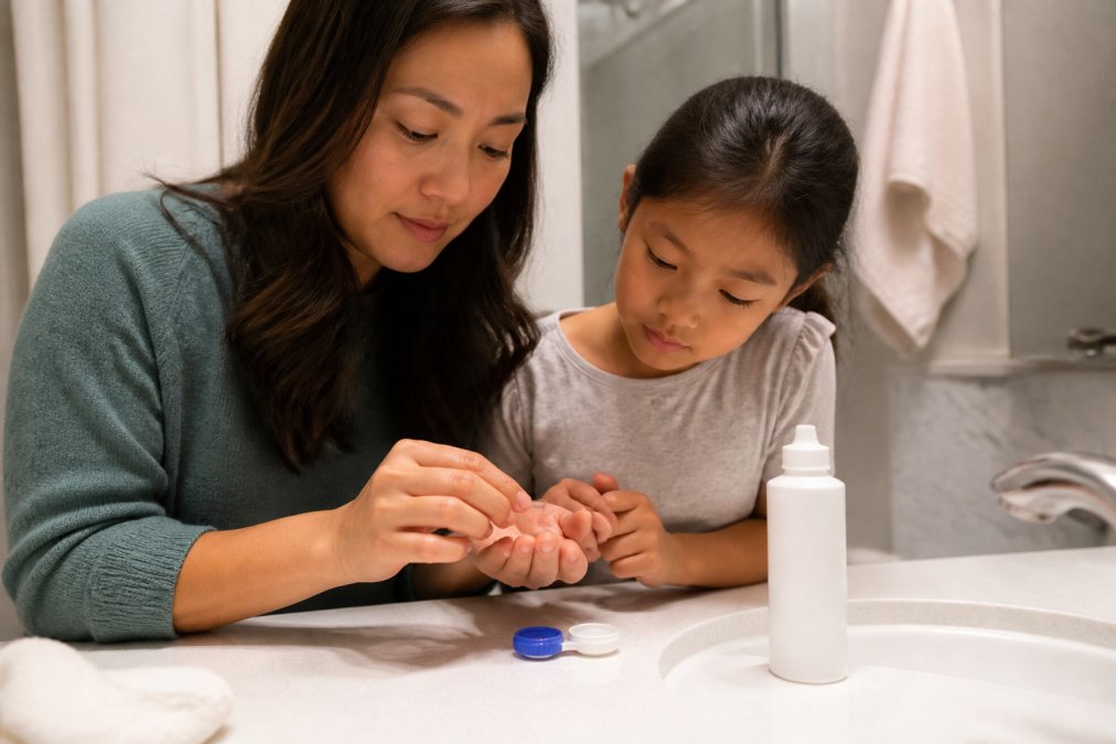 Parent and child at home demonstrating proper ortho-k lens cleaning and storage, with hands carefully handling a lens over a solution case under bright bathroom lighting