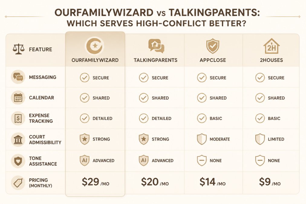 Feature comparison matrix for OurFamilyWizard, TalkingParents, AppClose, and 2houses across messaging, calendar, expense tracking, court admissibility, tone assistance, and pricing