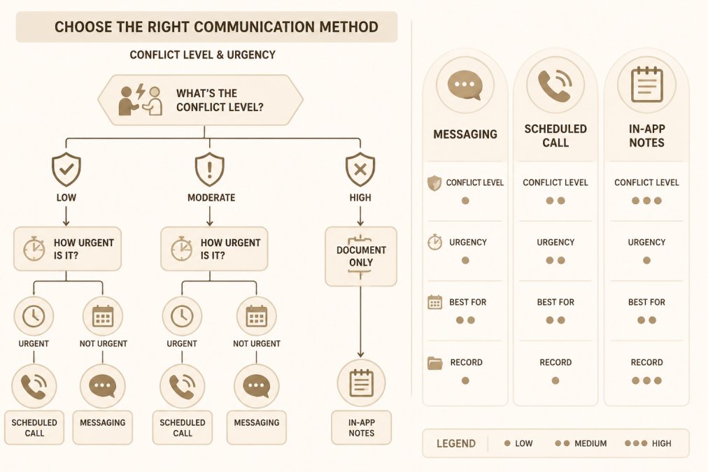 Decision flowchart for choosing communication method within OurFamilyWizard: when to use messaging vs. scheduled calls vs. in-app notes, based on conflict level and urgency