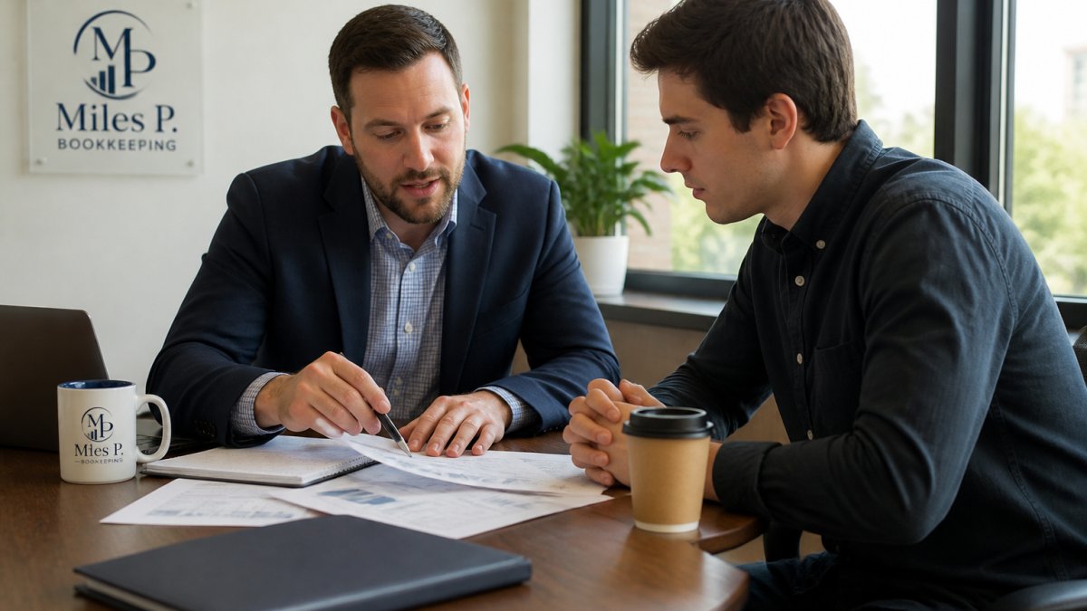 A startup founder and a financial advisor reviewing printed financial statements together at a wooden conference table, laptop and coffee cups nearby, bright natural light from a window