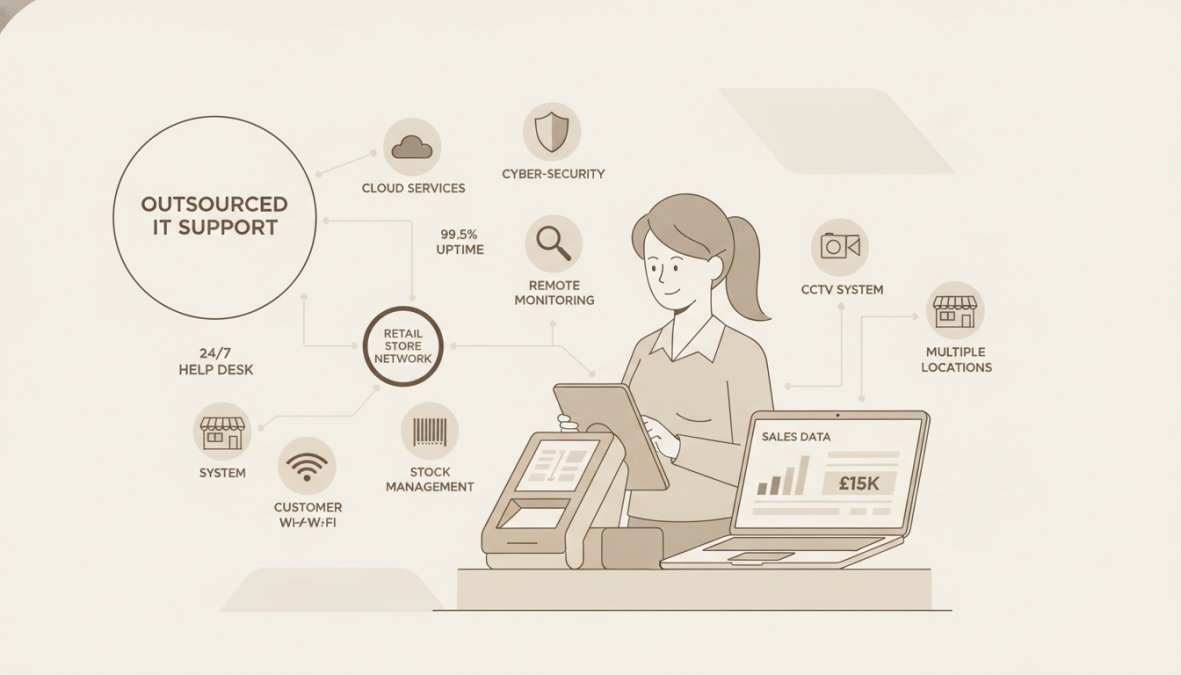 Retail store manager monitoring POS systems on laptop at counter with modern IT infrastructure visible in background, natural office lighting