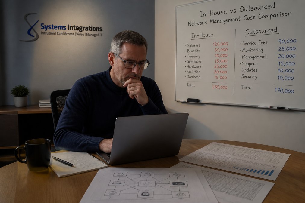 IT director reviewing budget spreadsheets and network diagrams for outsourced network management costs