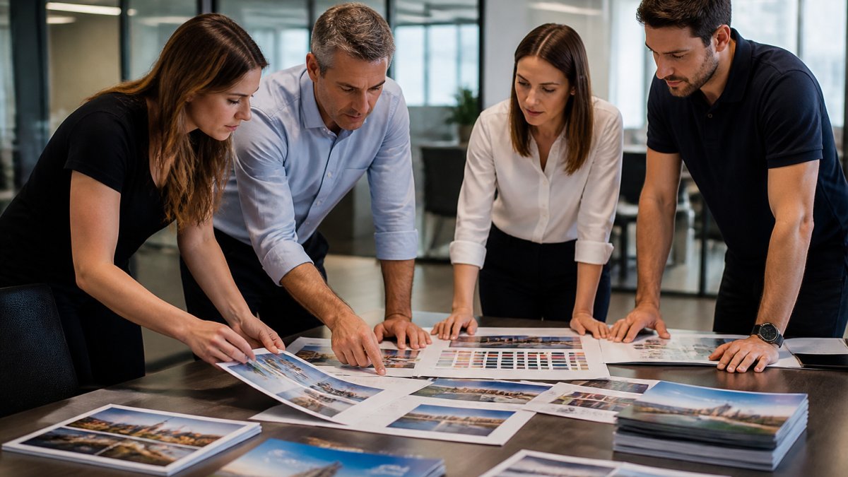 Process flowchart for outsourcing commercial printing showing team review of color consistency in marketing samples