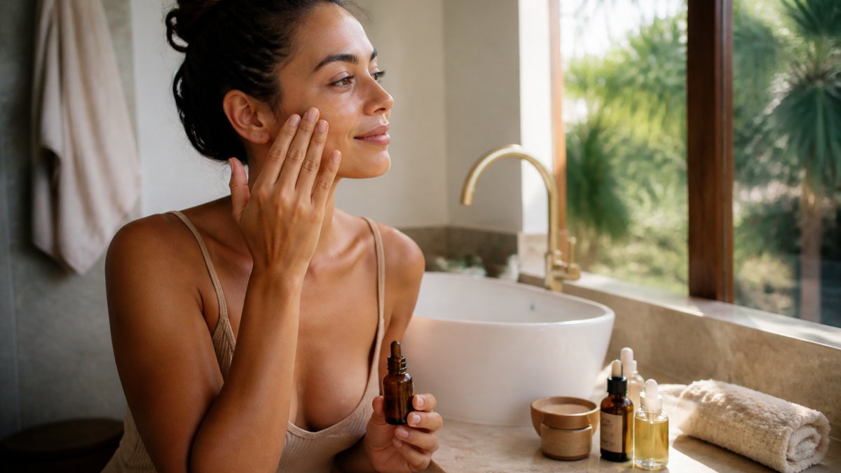 A woman in a calm, sunlit bathroom applying a small amount of face oil to her cheek with her fingertips, minimal skincare products on the counter beside her