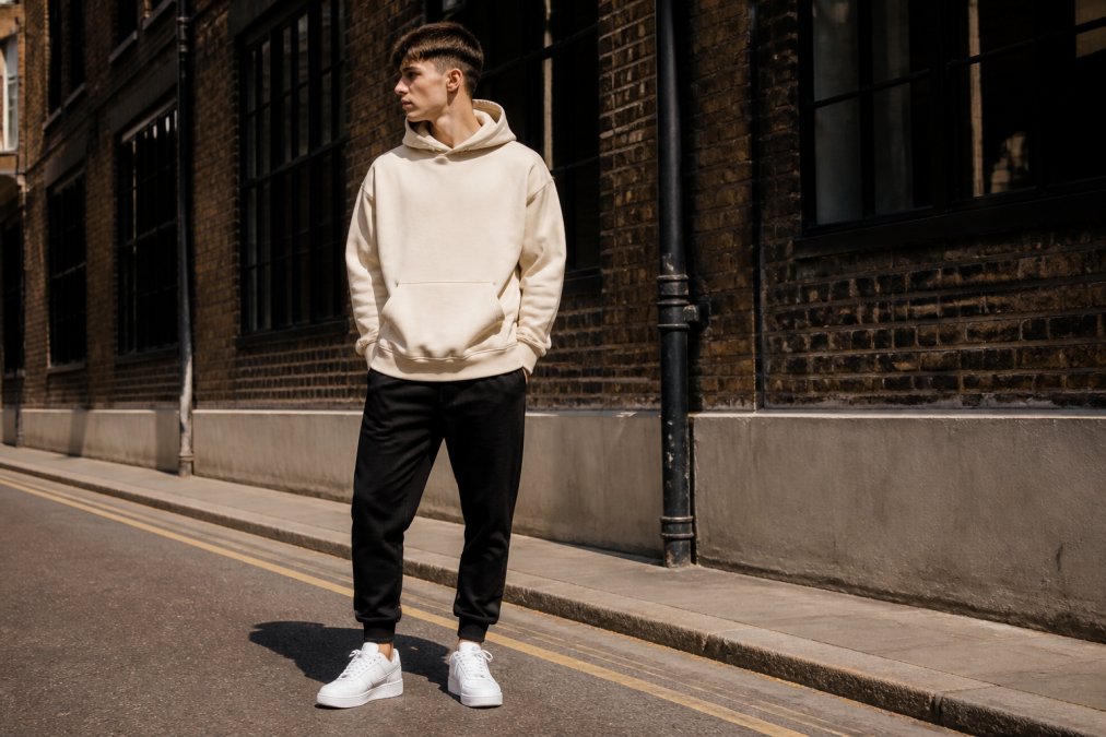 Young man wearing an oversized cream-coloured hoodie with tapered black joggers and white trainers, standing in an urban street setting with brick buildings and natural afternoon light creating subtle shadows