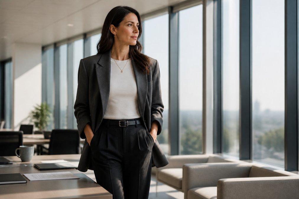 A professional woman in her late 30s wearing a tailored oversized charcoal blazer over a fitted white top and structured black trousers, standing in a bright modern office with floor-to-ceiling windows, natural morning light streaming in