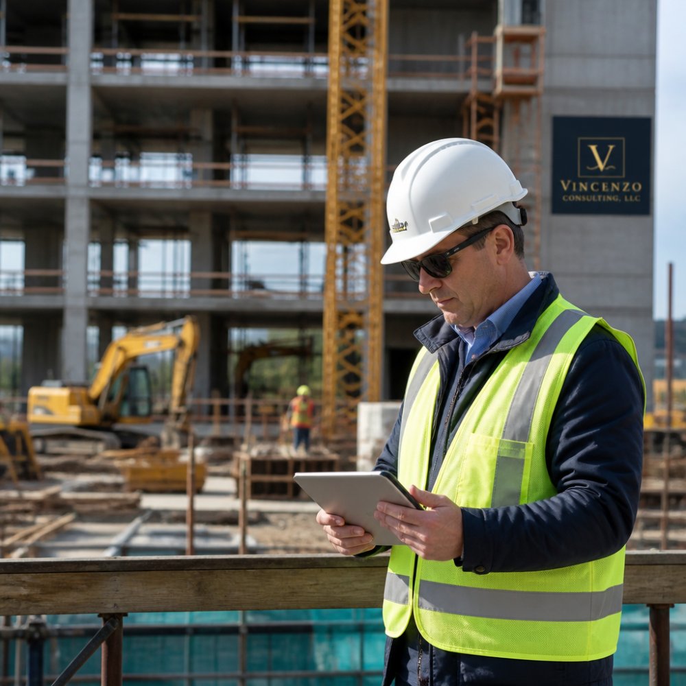 Professional in a hard hat reviewing project data to determine owner representation worth on a construction site.