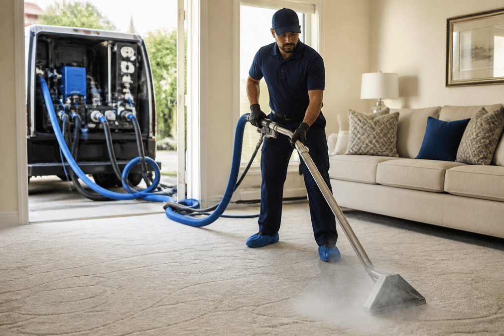 A professional technician in a bright living room operating a modern truck-mounted carpet cleaning machine, guiding the wand across a residential carpet with visible steam extraction