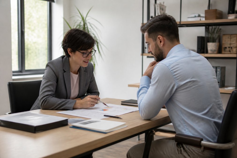 Professional consultant and business owner sitting across from each other at desk in modern office, reviewing strategic documents and notes during initial consultation meeting with natural lighting