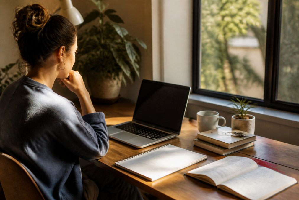 Person sitting at a desk with a laptop, thoughtfully reviewing community options on screen, surrounded by notes and a journal, natural afternoon light streaming through window