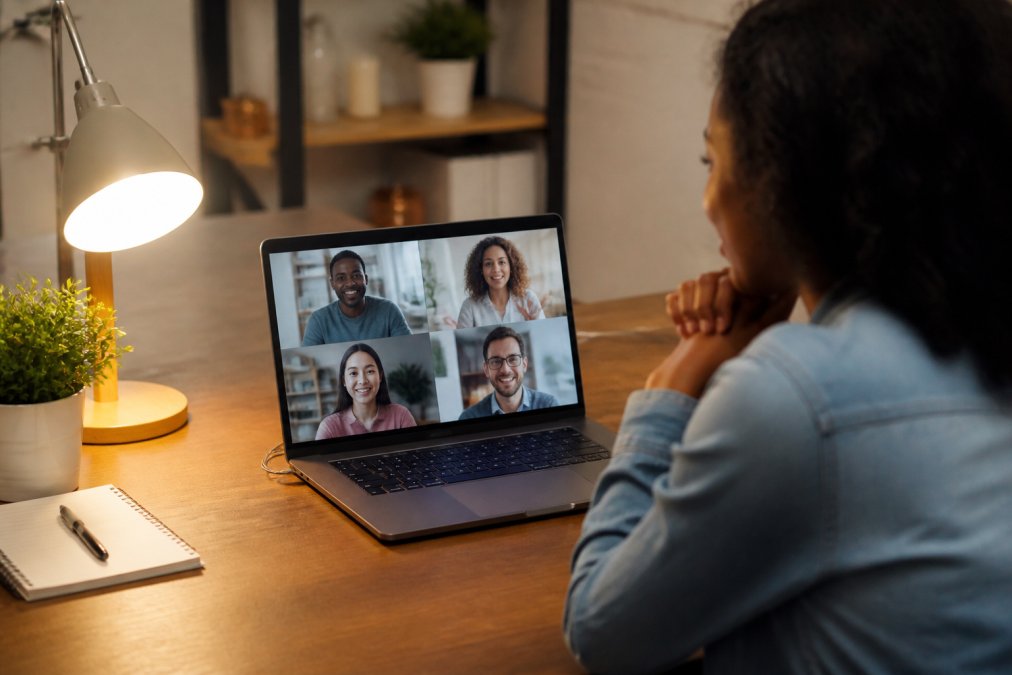 Group of diverse people in a video call on a laptop screen, engaged in discussion with genuine expressions of connection and support, warm lighting from desk lamp