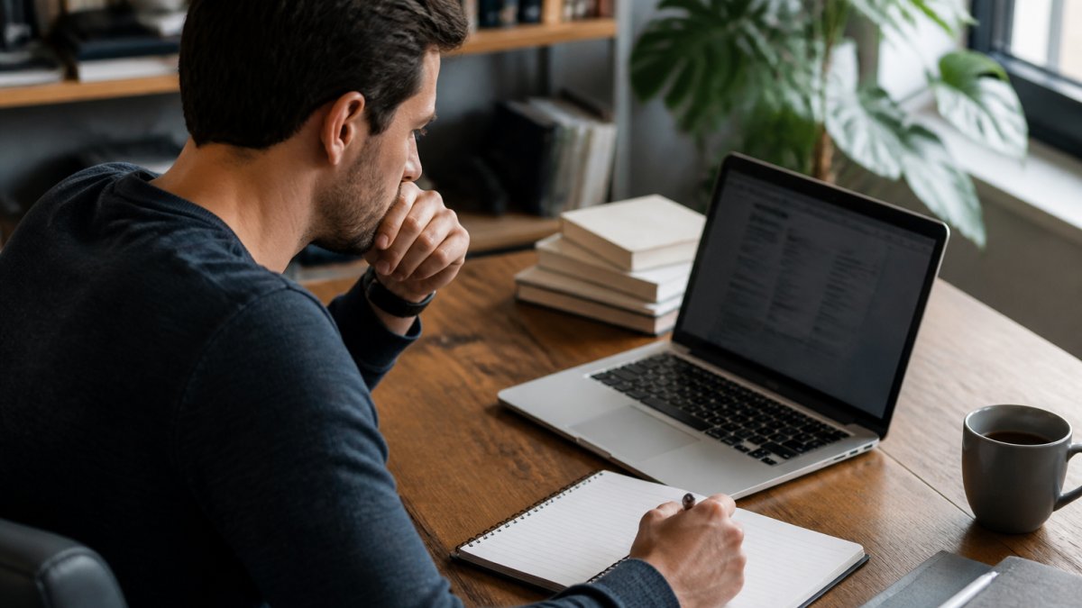 Professional reviewing course materials on a laptop with notebook and coffee cup at desk, representing decision-making about education investment