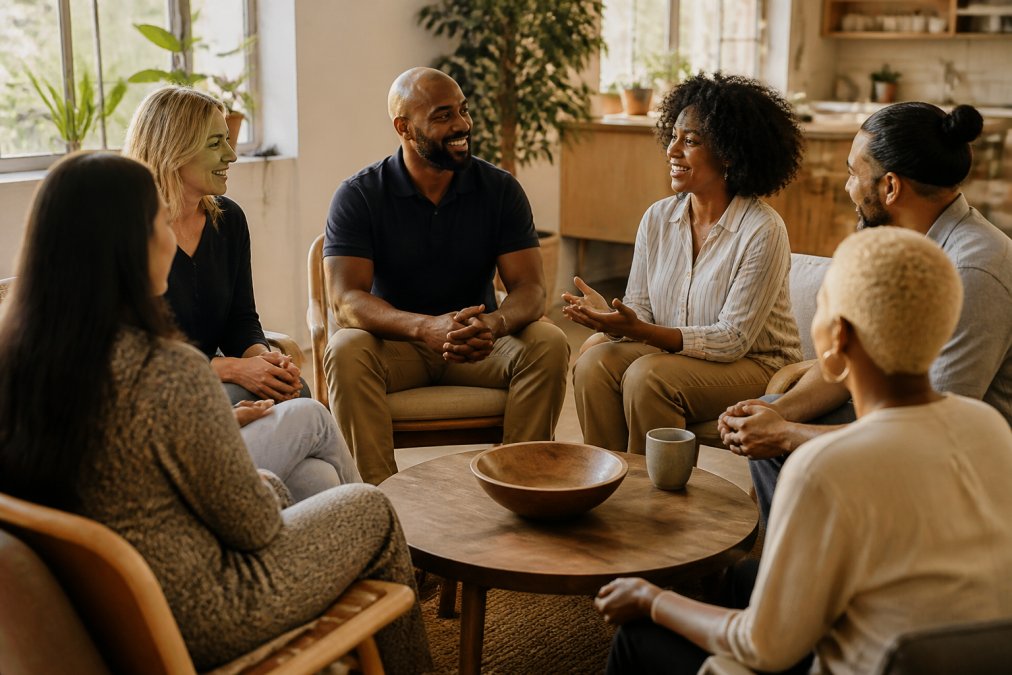Diverse group of people engaged in genuine conversation in a comfortable community space, with authentic smiles and active listening body language, natural warm lighting