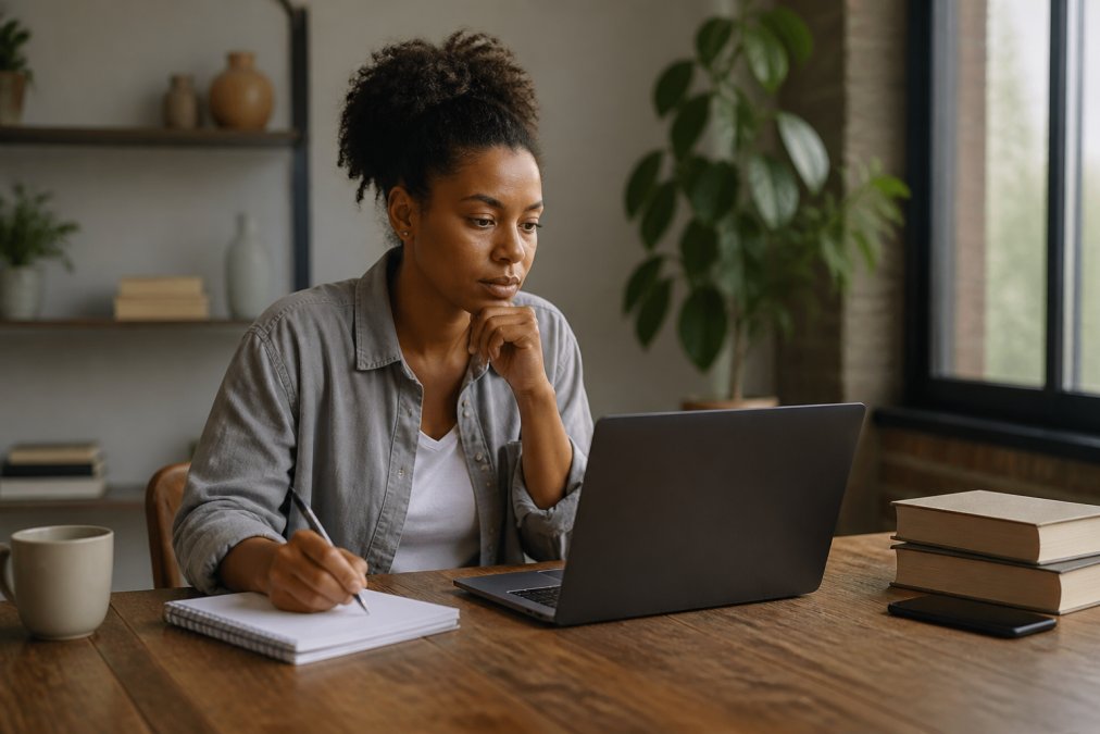 Person thoughtfully reviewing information on a laptop with a notepad nearby, representing careful decision-making and evaluation