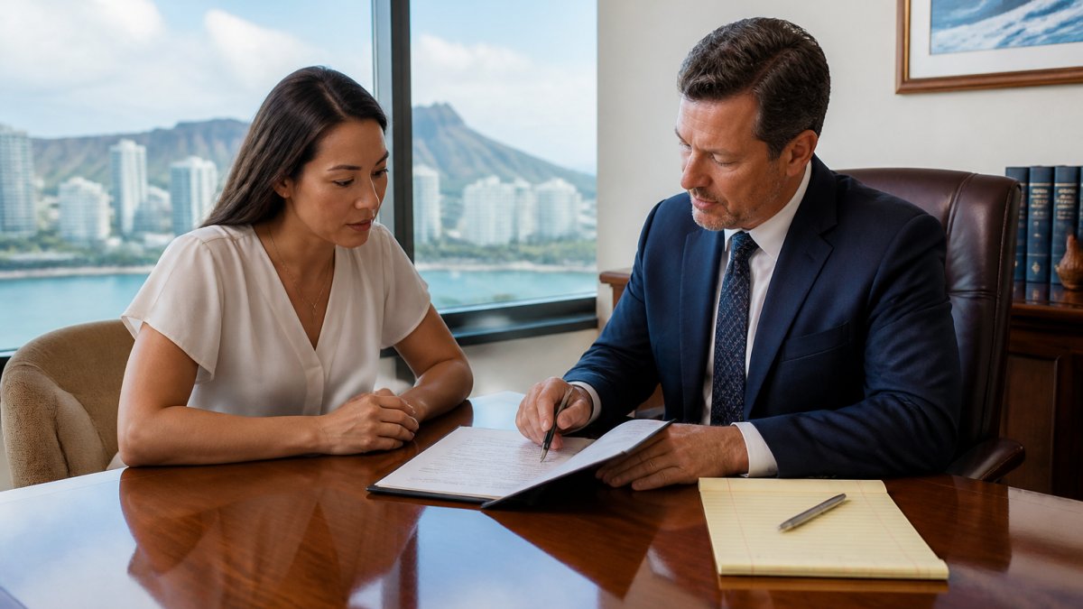 Attorney and client reviewing pain and suffering compensation documents at a desk in a bright Honolulu law office