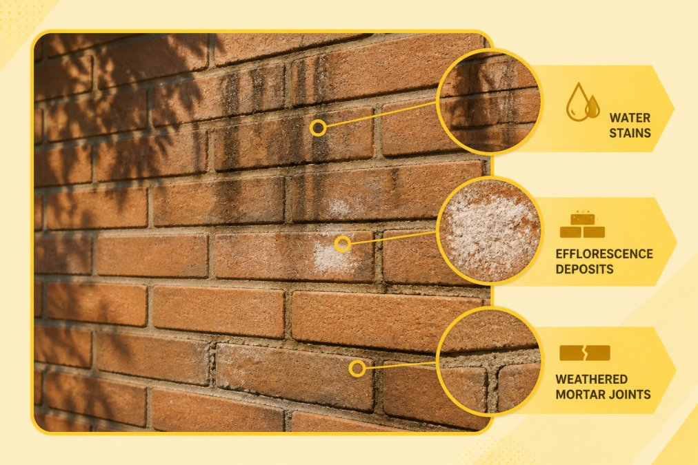 Close-up of brick wall showing natural texture with water stains, efflorescence deposits, and weathered mortar joints in afternoon sunlight