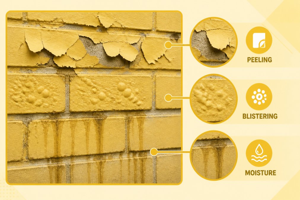 Close-up of brick exterior wall showing paint peeling in large flakes, blistering in patches, and visible moisture damage with water stains running down from mortar joints