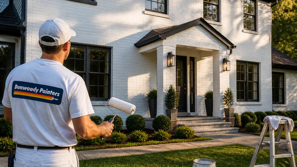 A freshly painted white brick house exterior with dark trim and a manicured lawn, photographed in warm afternoon light, showing crisp lines around windows and a clean front entry