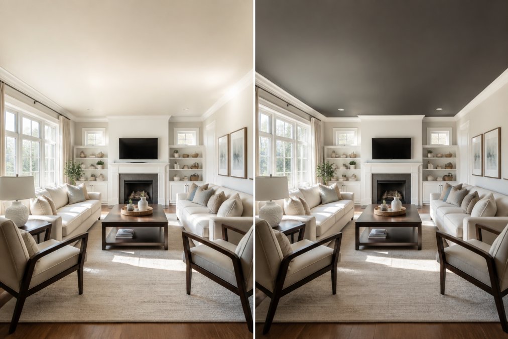 A bright living room with a light cream-colored ceiling showing natural sunlight reflecting across the space, contrasted with the same room featuring a soft charcoal painted ceiling to illustrate how ceiling color affects perceived brightness and room height