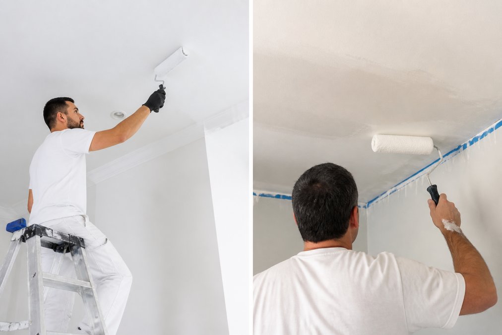 A professional painter using proper technique to paint a ceiling with precision, demonstrating cutting-in along wall edges and roller application with careful attention to even coverage and drip prevention