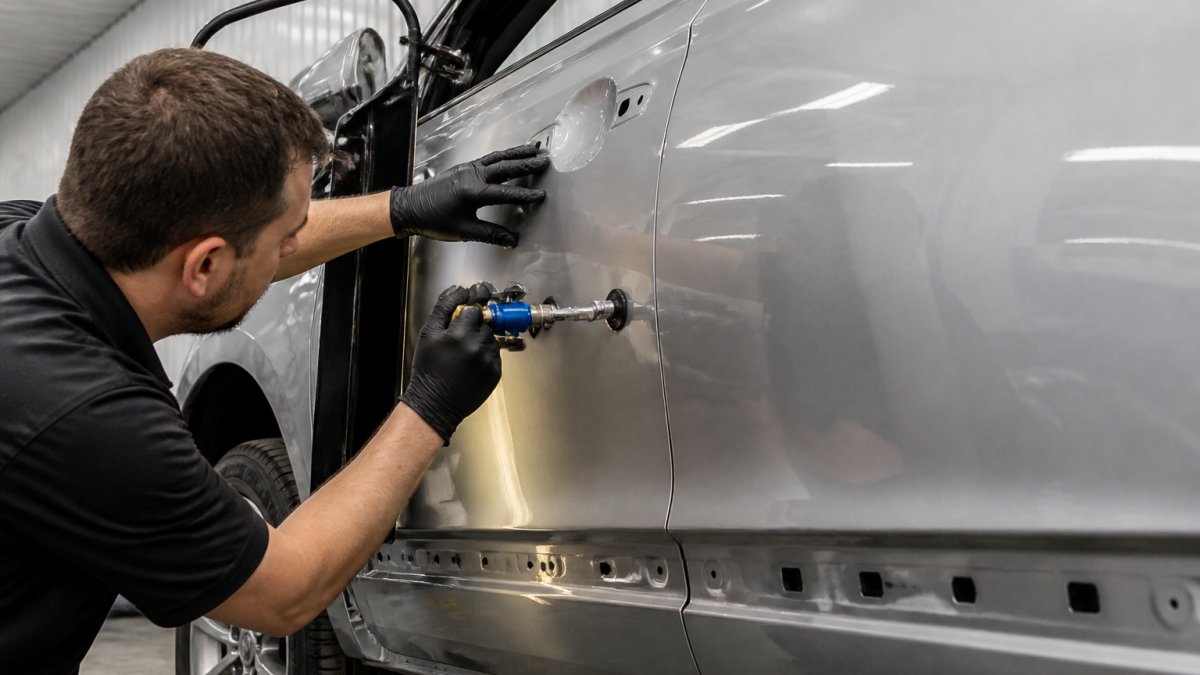 Professional PDR technician using specialized glue-pulling tools on an aluminum vehicle panel, demonstrating precise hand positioning and careful technique in a well-lit shop environment