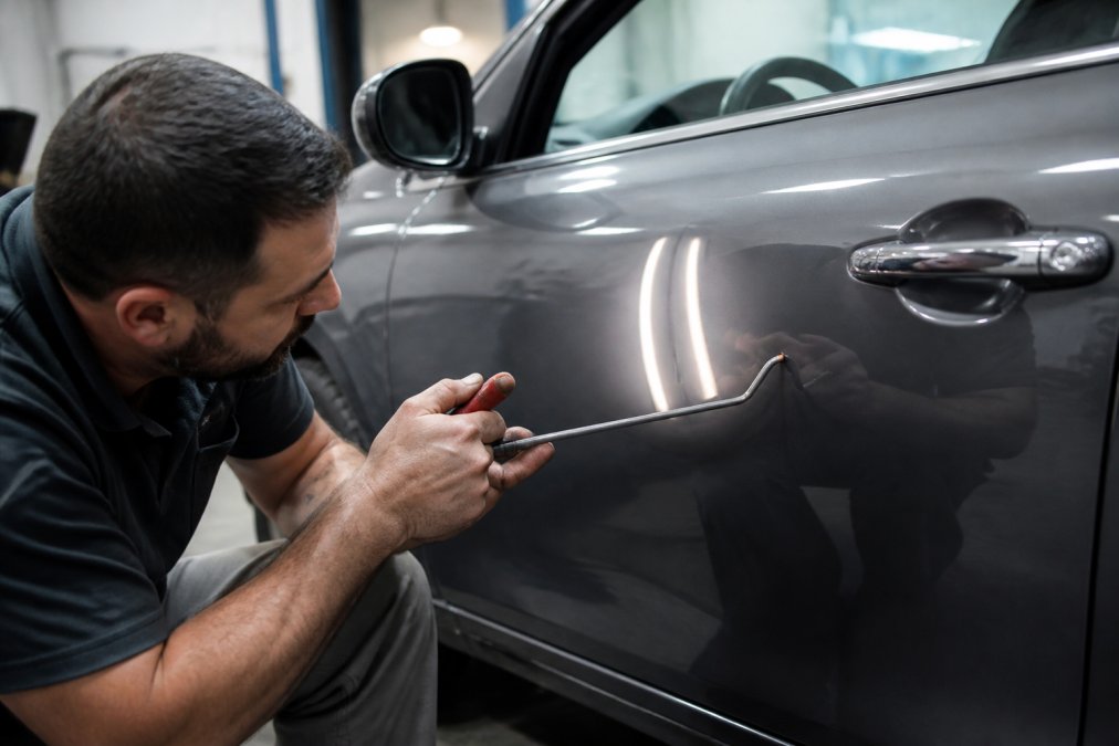 Professional PDR technician using specialized rod tools and pressure application techniques on a vehicle door panel, demonstrating the skilled metalwork and equipment involved in dent removal