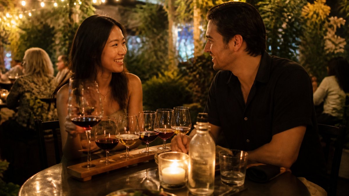 A couple sharing a wine flight at a candlelit outdoor garden table, string lights overhead, warm evening light, relaxed and intimate atmosphere