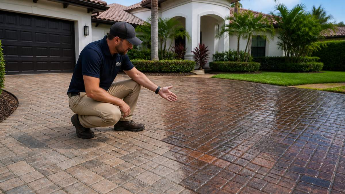 Professional demonstrating sealed paver driveway surface with rich color and wet-look finish showing contrast between sealed and unsealed sections in natural sunlight