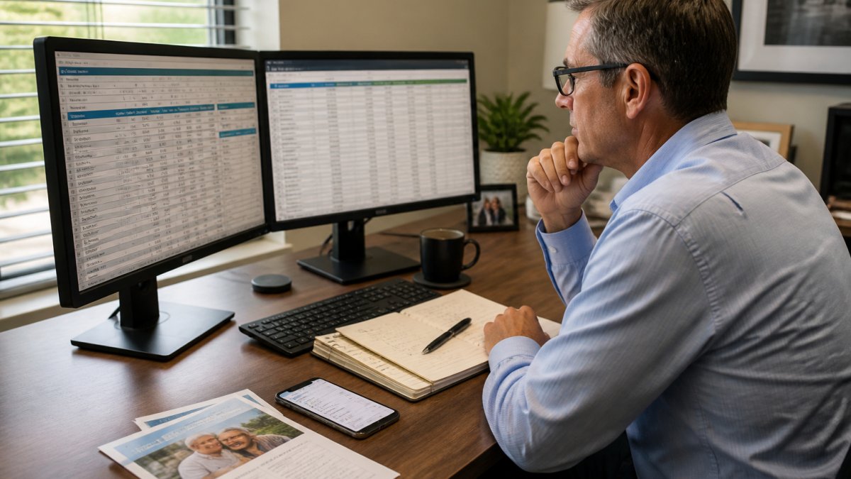 Financial advisor at desk reviewing lead data and conversion metrics on multiple monitors, with notebook and phone showing prospect information and performance spreadsheets