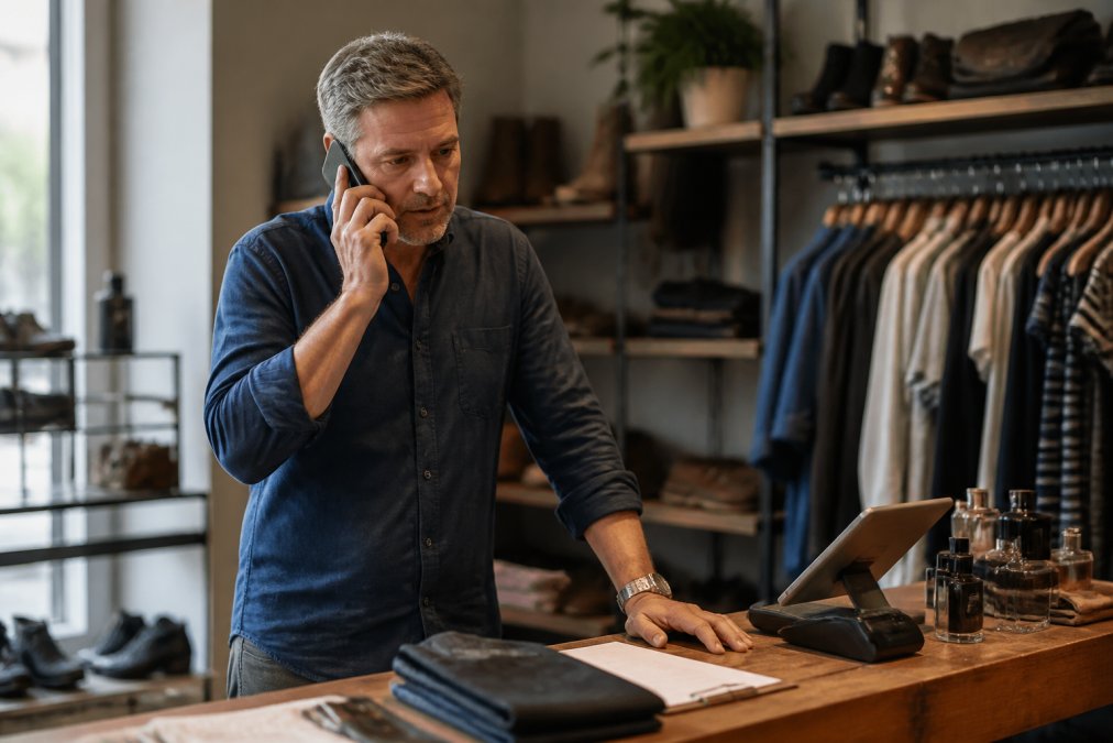 Small business owner or manager on a phone call in a retail setting, appearing to discuss account details with customer service support, professional and focused