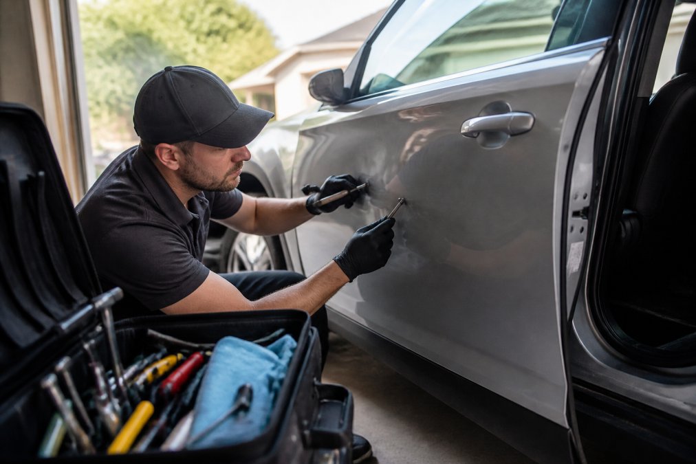 Professional technician examining vehicle door panel with specialized PDR tools, assessing dent depth and severity in natural daylight